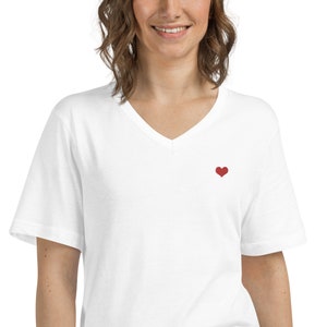 Tiny Red Heart Embroidered on left chest of White V-Neck T-Shirt