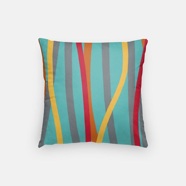 Teal Pillow Cover Yellow, Orange, Red & Gray Stripes