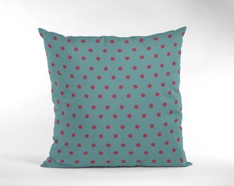 Funda de almohada de lunares en verde azulado y burdeos de 18 x 18