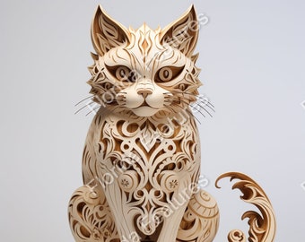 Lindo aspecto de madera tallada detallada, gatito gato, 300 DPI, grabado láser, descarga digital PNG SVG, ilusión 3D, letrero colgante