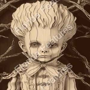 May include: A carved wooden figurine of a young boy with a wide, toothy grin, wearing a detailed, ornate costume and holding a carved pumpkin. The figurine is painted in shades of brown and beige, giving it a vintage look.