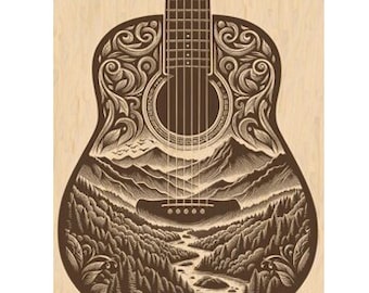 Ilusión de escena natural con guitarra en 3D: archivo cortado con láser (PNG, SVG)