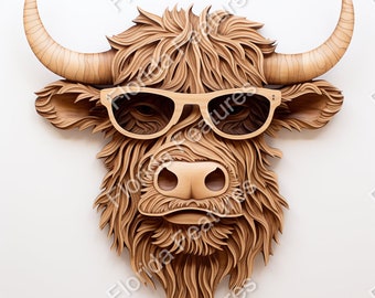Wood Scottish Bull, Fancy Highland Cow Sunglasses, Laser Etch Burn Wood Files, Quality Digital Download PNG SVG, 3D Illusion, Hanging Sign