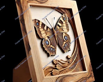 3D Schmetterling Illusion: Laser Gravierte Holzrahmen (PNG Digitale Datei)