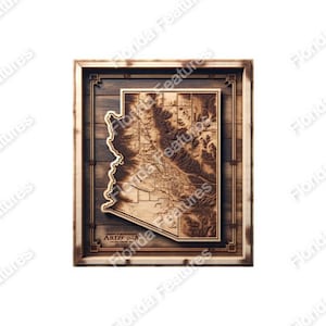 Arizona 3D Map Picture Wood Framed State USA | 3D Illusion | Laser Etch SVG PNG Format | Wood Engraving Etching Digital Laser Design Files