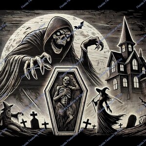 Halloween Grim Reaper Cemetery Moon Wood  | 3D Illusion | Laser Etch SVG PNG Format Wood Engrave Etching | Digital Laser Design Files 12x12