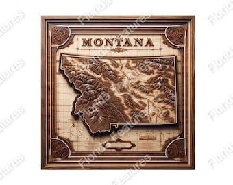Montana 3D Map: Wood Framed Laser Etch Design (SVG, PNG)