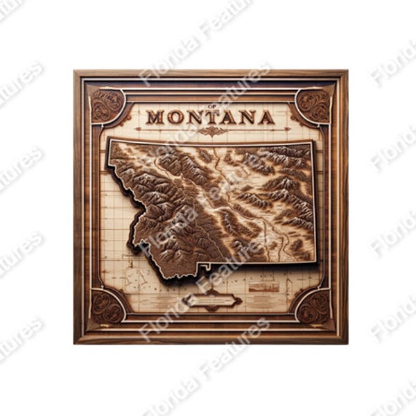 Montana 3D Map Picture Wood Framed State USA | 3D Illusion | Laser Etch SVG PNG Wood Engraving Etching Digital Laser Design Files