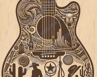 Letrero de guitarra vaquera 3D: grabado en madera cortado con láser (archivo digital)