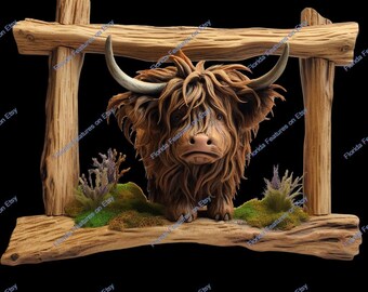 3D Highland Kuh Lasergravur: Holzrahmen Illusion (PNG Digitale Datei)