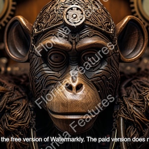 Puede incluir: Una escultura de mono de madera con detalles intrincados y una estética steampunk. La cara del mono está tallada con un patrón detallado y tiene un ojo mecánico. La escultura está rodeada de engranajes y otros elementos mecánicos.