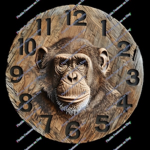 May include: A wooden clock face with a chimpanzee's face in the center. The clock face has Roman numerals for the hours and a wood grain texture.