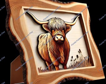 3D Highland Kuh Illusion: Lasergravierte Holzrahmen (PNG, SVG)