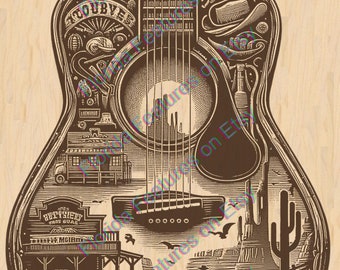 Escena de vaquero con guitarra en 3D: grabado en madera cortado con láser (SVG/PNG)