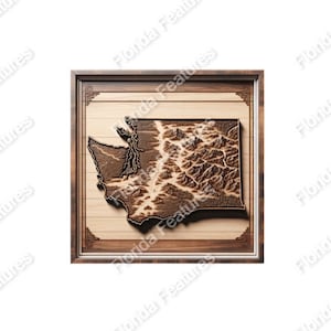Washington 3D Map Picture Wood Framed State USA | 3D Illusion | Laser Etch SVG PNG Wood Engraving Etching Digital Laser Design Files