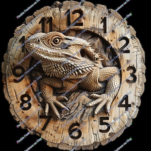 May include: A wooden clock face with a carved bearded dragon lizard design. The clock face has Roman numeral markings for the hours. The clock face is a light brown color with a darker brown wood grain pattern.