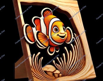 3D Clown Fisch Illusion: Lasergeschnittene Holzrahmengravur (Digitale Datei PNG)