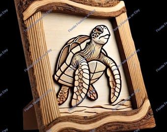 3D Schildkröte Illusion: Laser Gravierte Holzrahmen (PNG Digitale Datei)
