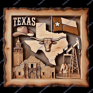 3D-illusie | Digitaal png-bestand laserbranden | Gravure op houten lijst | Laserklaar ontwerp direct downloaden | TX | Ingelijst muurbord Texas