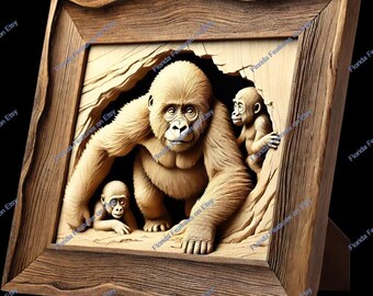 3D Gorilla Familie Holzgravur: Laser Cut Design (PNG, SVG)