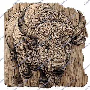 Op de afbeelding: Een gedetailleerde illustratie van een bruine bizon met een textuur van houtnerf. De bizon kijkt naar voren met zijn hoofd naar beneden en zijn hoorns zijn zichtbaar. De illustratie is in vintage stijl.