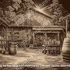 Pode incluir: Uma ilustração sépia de uma loja geral rústica com barris de madeira, prateleiras e jarros de mercadorias. A loja tem uma varanda de madeira e uma placa que diz "General Store".