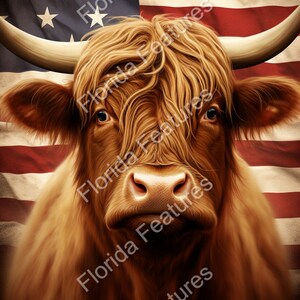 Glowforge 3D Illusion Laser Burn, Etch, Gado de vaca escocês das Terras Altas, Bandeira do orgulho americano, Baixar PNG SVG, Queima de corte, Imagens fáceis de laser