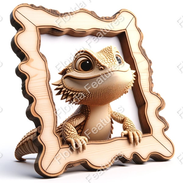 3D Illusion | Laser Burn PNG Digital File | Perfect Wood Engraving | Laser Ready Design | Instant Download | Reptile | Framed Bearded Dragon