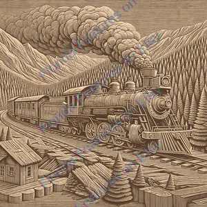 May include: A vintage steam locomotive train travels through a dense forest of pine trees. The train is made of wood and has a brown and black color scheme. The train is pulling a string of boxcars. The train is traveling through a valley with mountains in the background. The scene is depicted in a wood-carved style.