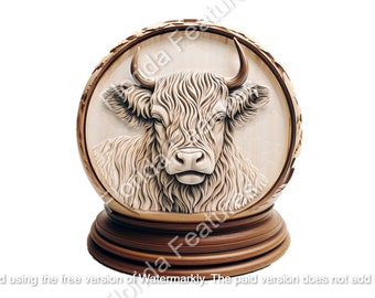 レーザーエッチング加工されたハイランド牛のスノードーム：3D