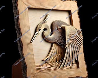 3D Reiher Holzgravur: Laser Cut Design (PNG, SVG)