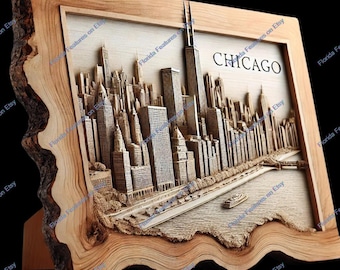 3D Chicago Skyline Laser Gravur PNG Datei: Holzrahmen Kunst (Digitaler Download)