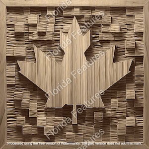 May include: A wooden maple leaf carved into a wooden background. The background is made of small, square pieces of wood.