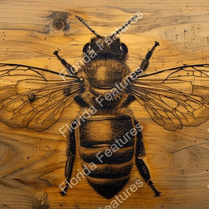 May include: A black and white illustration of a bee with detailed wings, set against a woodgrain background.