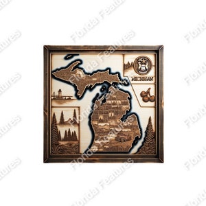 Michigan 3D Map Picture Wood Framed State USA | 3D Illusion | Laser Etch SVG PNG Format Wood Engraving Etching Digital Laser Design Files