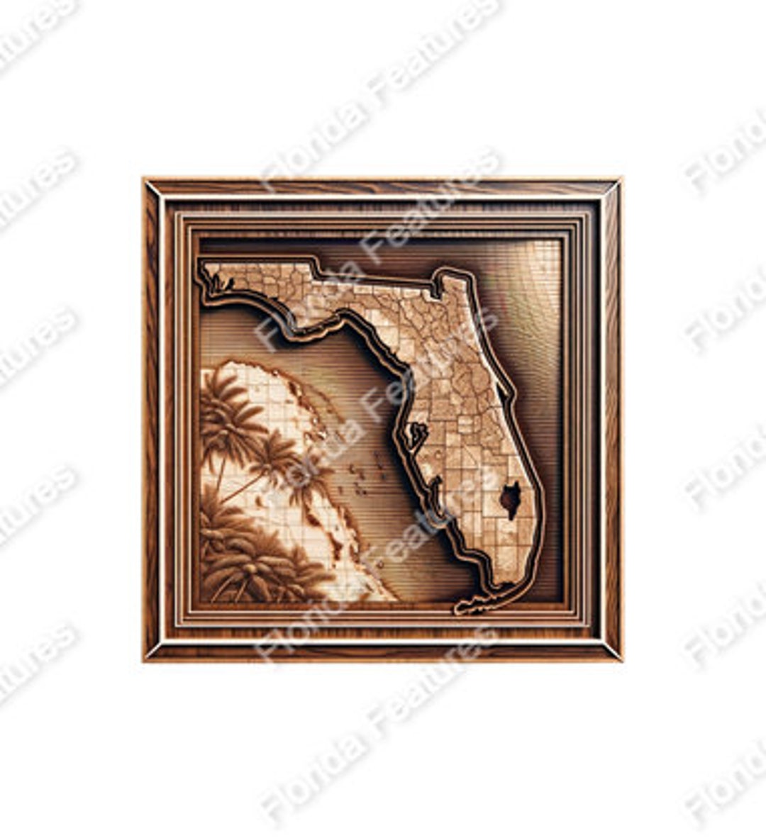 Florida 3D Map Picture Wood Framed State USA 3D Illusion Laser Etch SVG