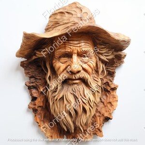 May include: A wooden sculpture of a man's face with a long beard and a wide-brimmed hat. The sculpture is carved in a realistic style and has a warm, natural wood finish.
