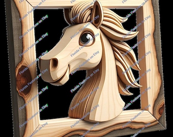 Framed Animal | Cute Horse Head | 3D Illusion | Laser Burn PNG Digital File | Perfect Wood Engraving | Laser Ready Design Instant Download