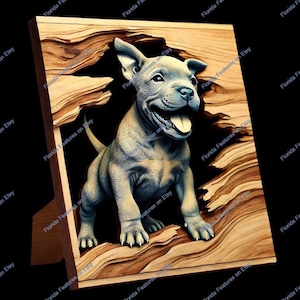 3D Illusion | Laser Burn PNG Digital File | Wood Slanted Frame Engraving | Laser Ready Design Instant Download | Pet | Framed Pit Bull Puppy
