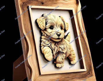 3D-Welpe Illusion: Lasergravierte Holzrahmen (PNG Digitale Datei)