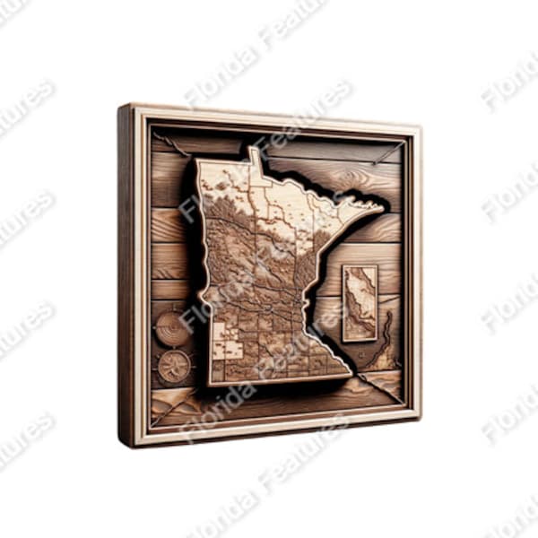 Minnesota 3D Map Picture Wood Framed State USA | 3D Illusion | Laser Etch SVG PNG Wood Engraving Etching Digital Laser Design Files