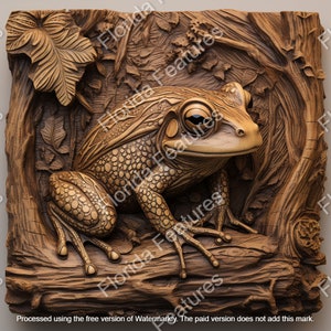 May include: A detailed wood carving of a frog sitting on a branch. The frog is brown with a light brown and white pattern. The carving is set against a background of carved leaves and branches.