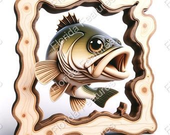 3D Illusion | Laser Burn PNG Digital File | Perfect Wood Engraving | Laser Ready Design | Instant Download | Fish | Framed Large Mouth Bass