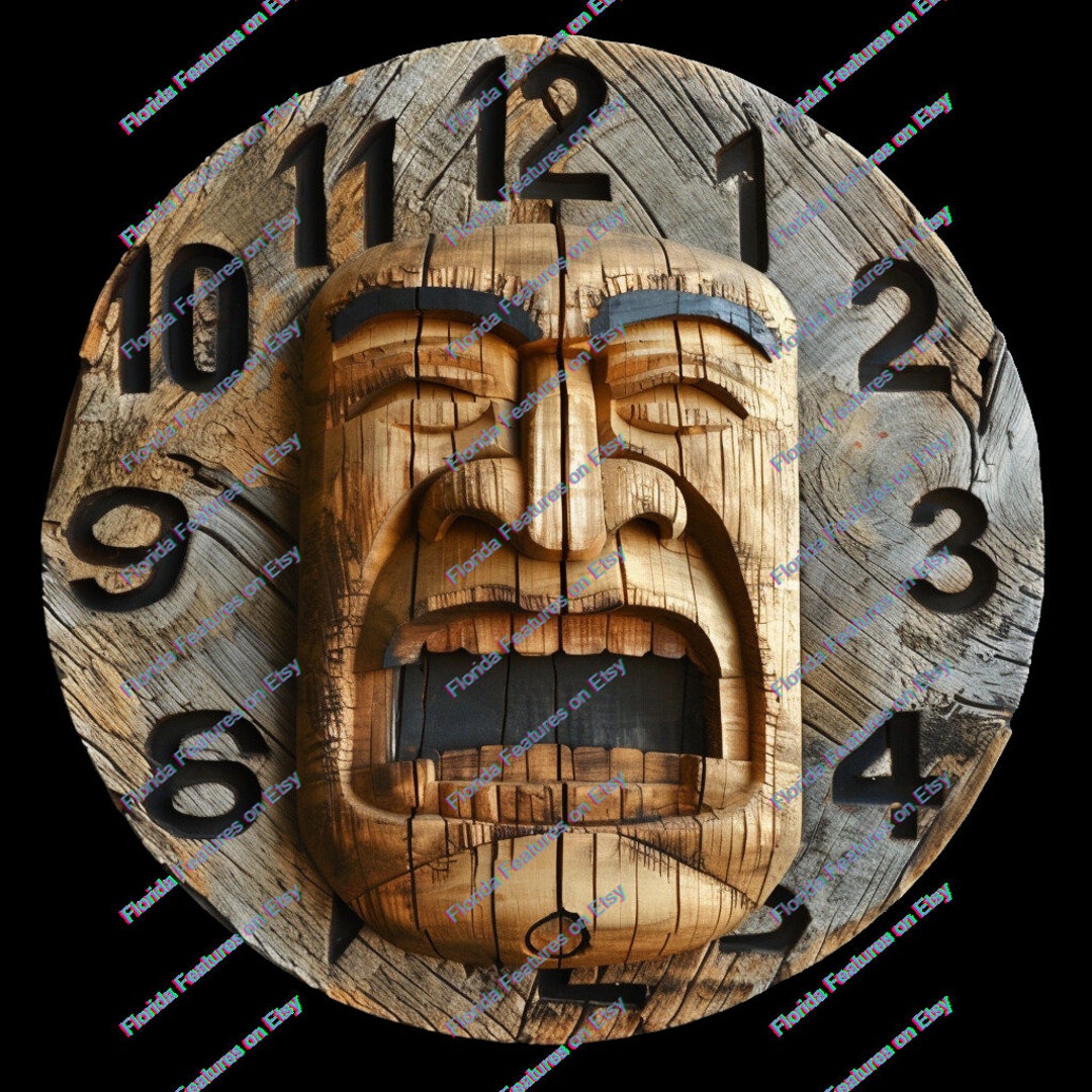 Wood Wall Clock | Tiki Bar Head Clock | 3D Illusion | Laser Burn PNG ...