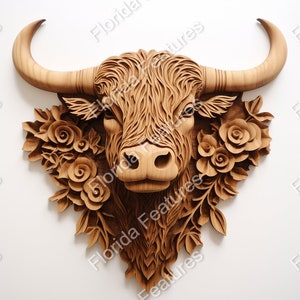 3D Highland Cow Laser Cut File: Floral Illusion Design (PNG, SVG)