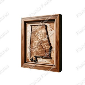 Alabama 3D Map Picture Wood Framed State USA | 3D Illusion | Laser Etch SVG PNG Format | Wood Engraving Etching Digital Laser Design Files