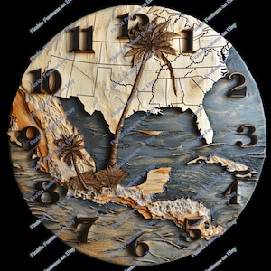 Op de afbeelding: Een houten klok met een gegraveerde kaart van de Verenigde Staten, Florida en het Caribisch gebied. De klok is geschilderd in tinten blauw en bruin, met een verweerde afwerking. De cijfers 1 tot en met 12 zijn in het hout gegraveerd en in een donkerbruine kleur geverfd. De klok is omgeven door een houten lijst.