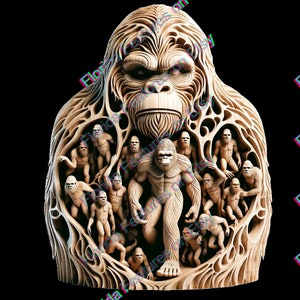 May include: A wooden sculpture of a large, hairy ape with smaller apes carved into its body. The sculpture is detailed and intricate, with the apes' features clearly defined.