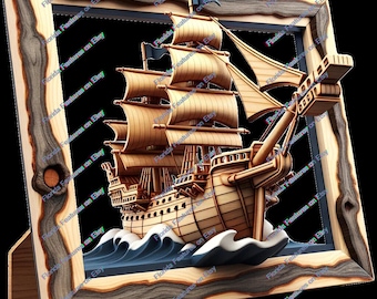 Kids Room Decor | Pirate Ship | 3D Illusion | Laser Burn PNG Digital File | Perfect Wood Engraving | Laser Ready Design Instant Download
