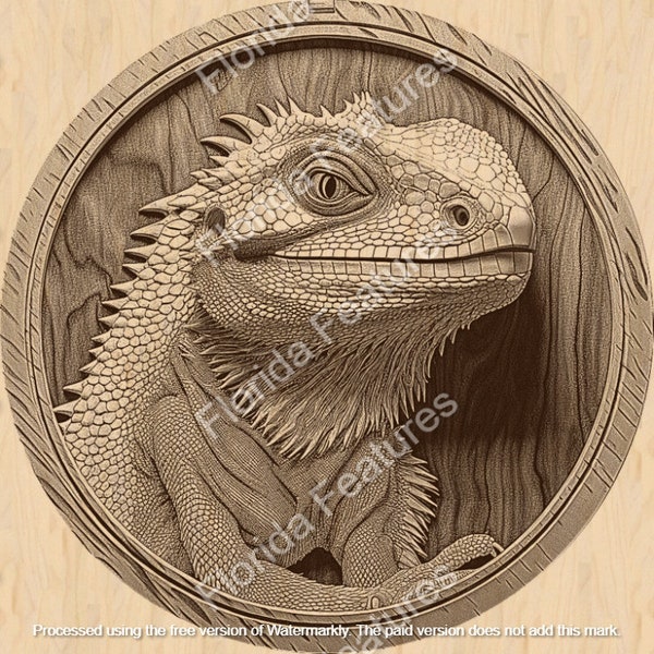 Carved Look, Round Bearded Dragon, Easy Cut Image, Laser Burn Etch Wood File, Instant Download PNG SVG, 3D Illusion